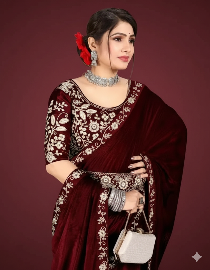 ✨ Velvet Embroidery Saree with Matching Blouse ✨