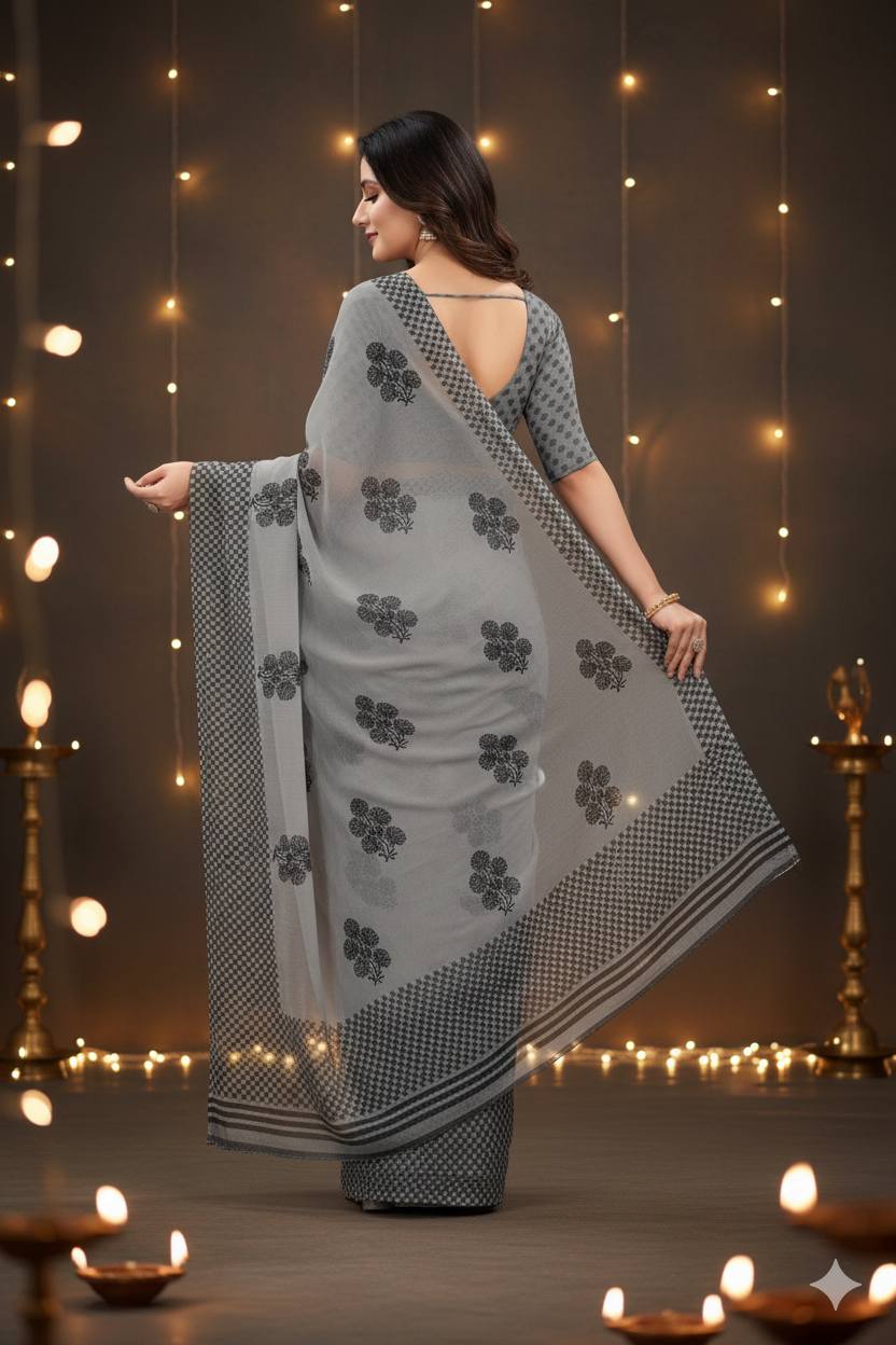 ✨ Grey Saree with Printed Blouse✨