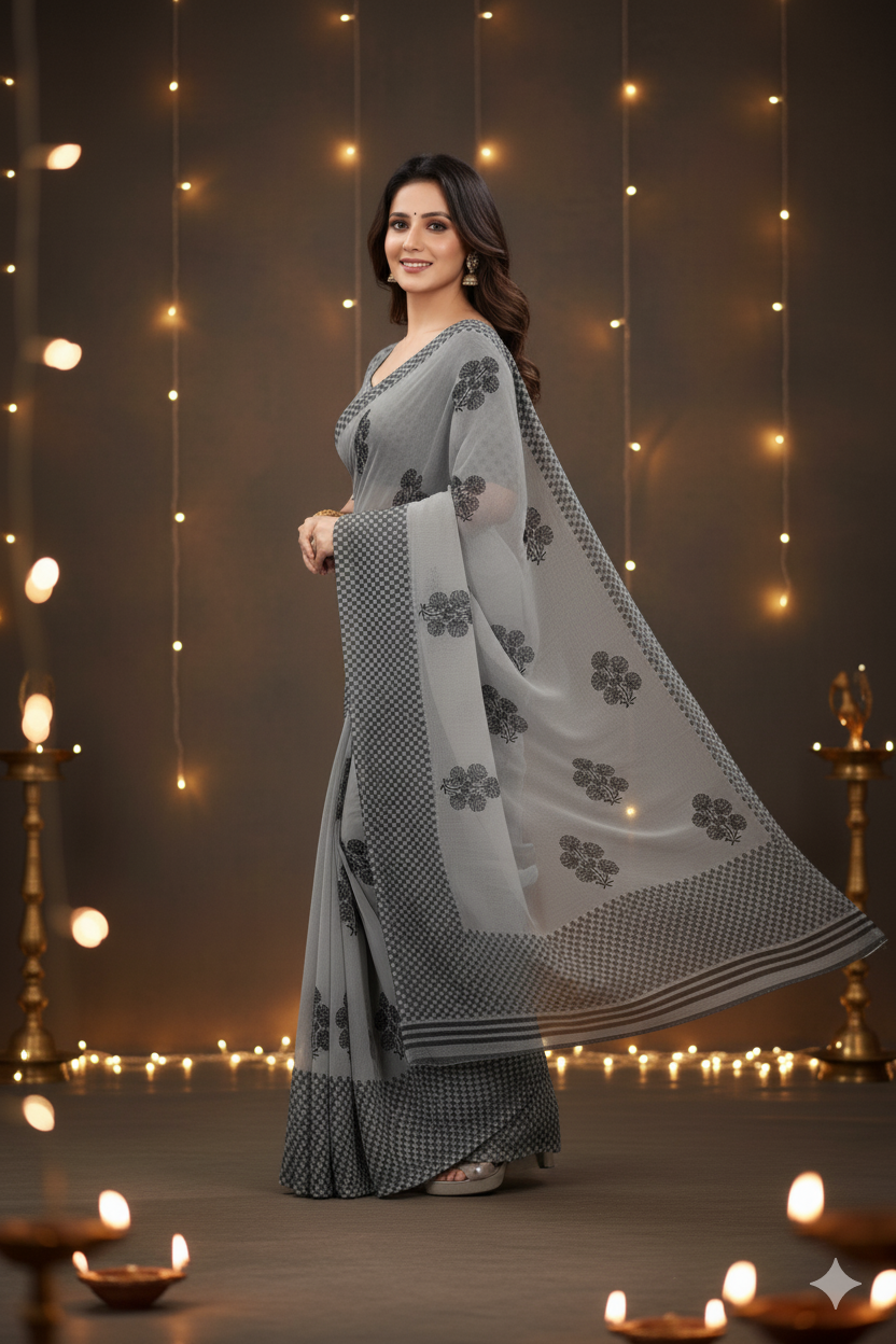 ✨ Grey Saree with Printed Blouse✨