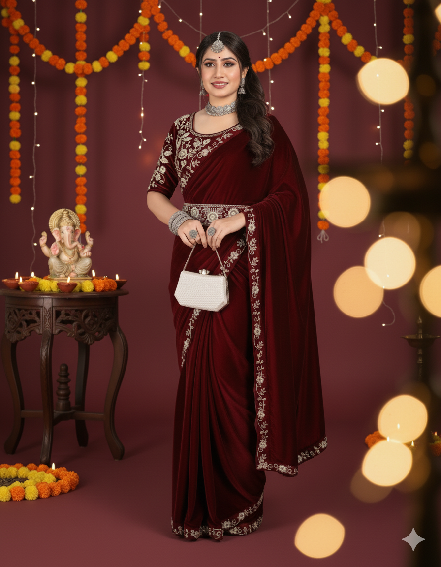 ✨ Velvet Embroidery Saree with Matching Blouse ✨