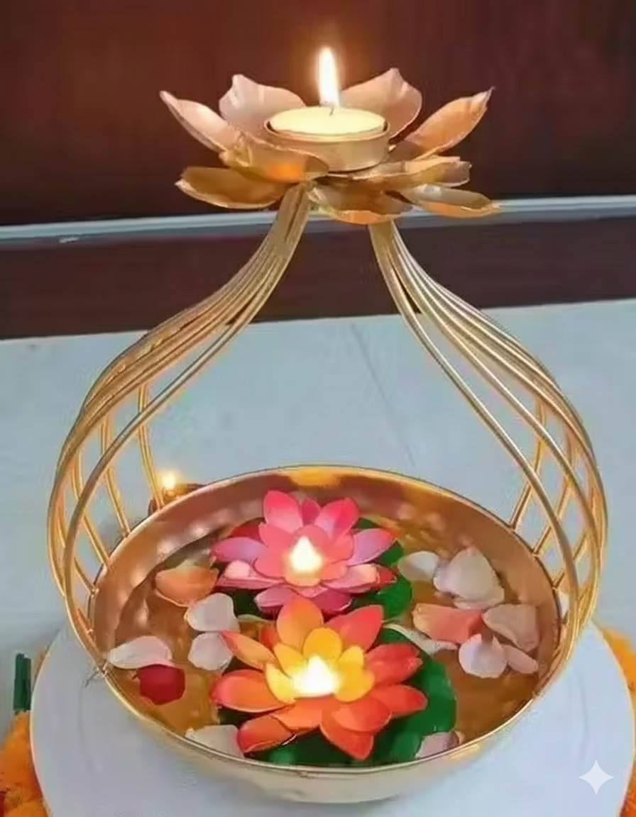 ✨ Golden Lotus Urli Bowl with Diyas  ✨