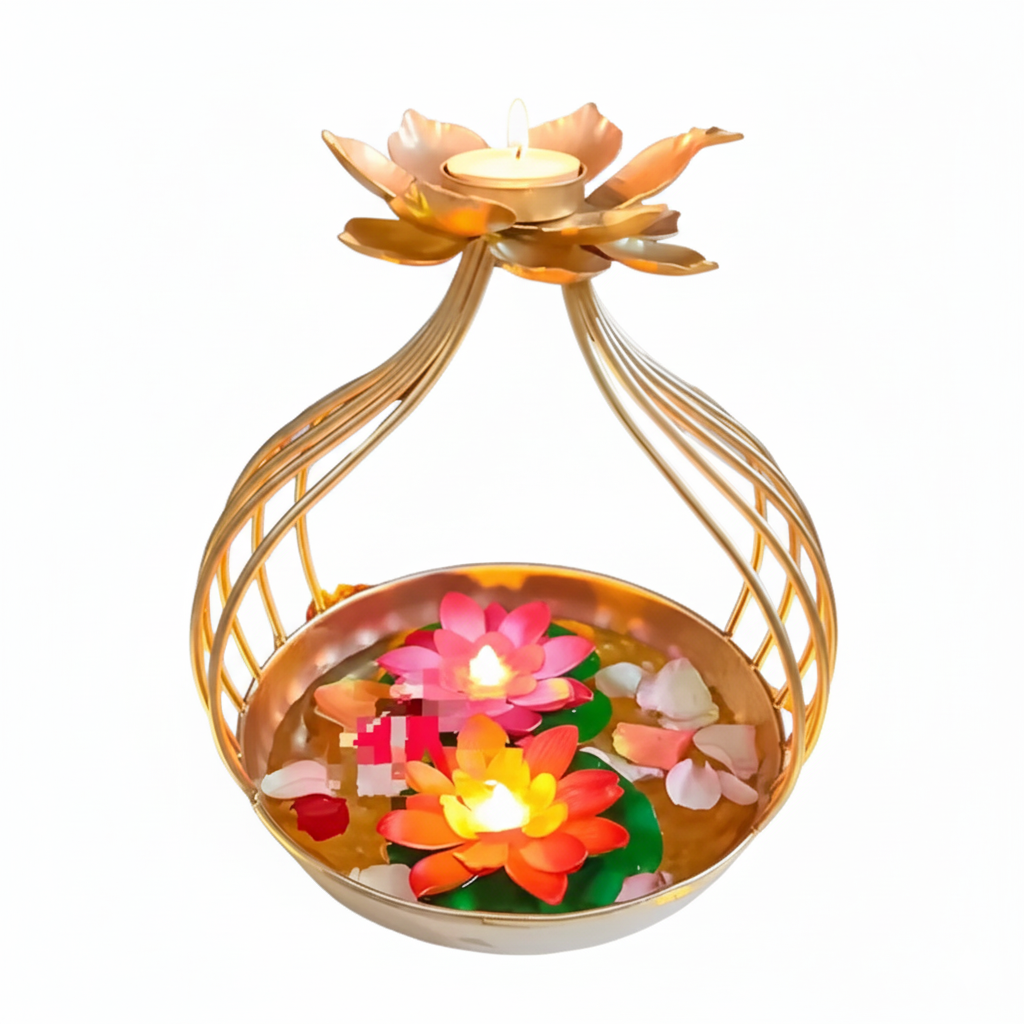 ✨ Golden Lotus Urli Bowl with Diyas  ✨