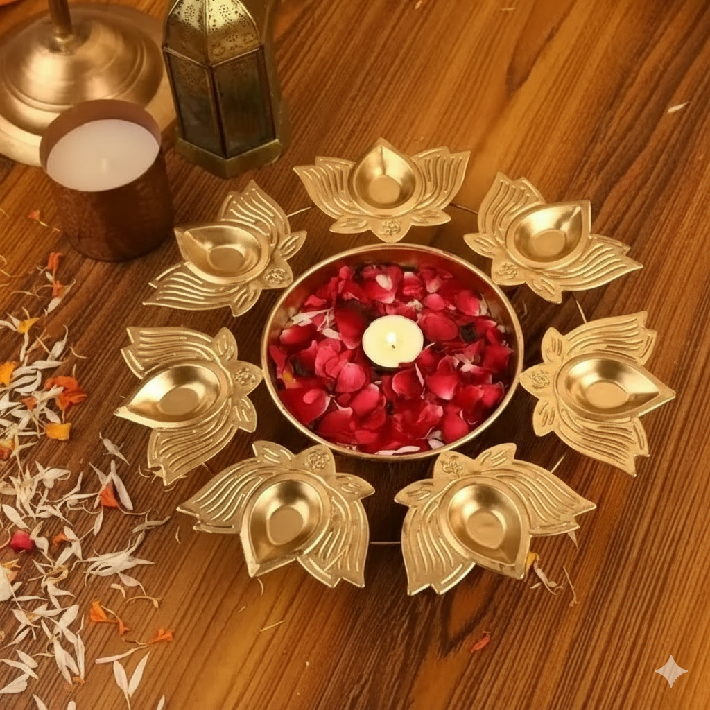 ✨ Golden Metal Urli Bowl with Diya Stand ✨