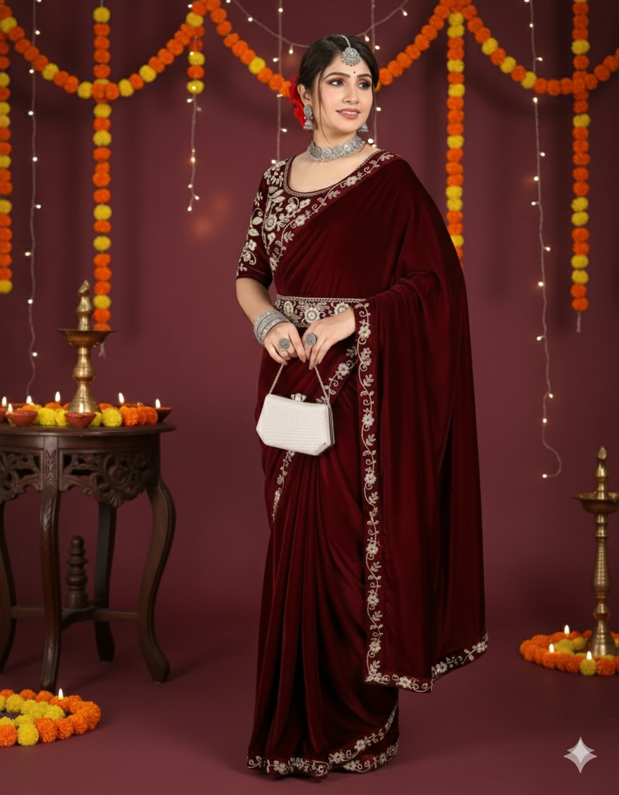 ✨ Velvet Embroidery Saree with Matching Blouse ✨