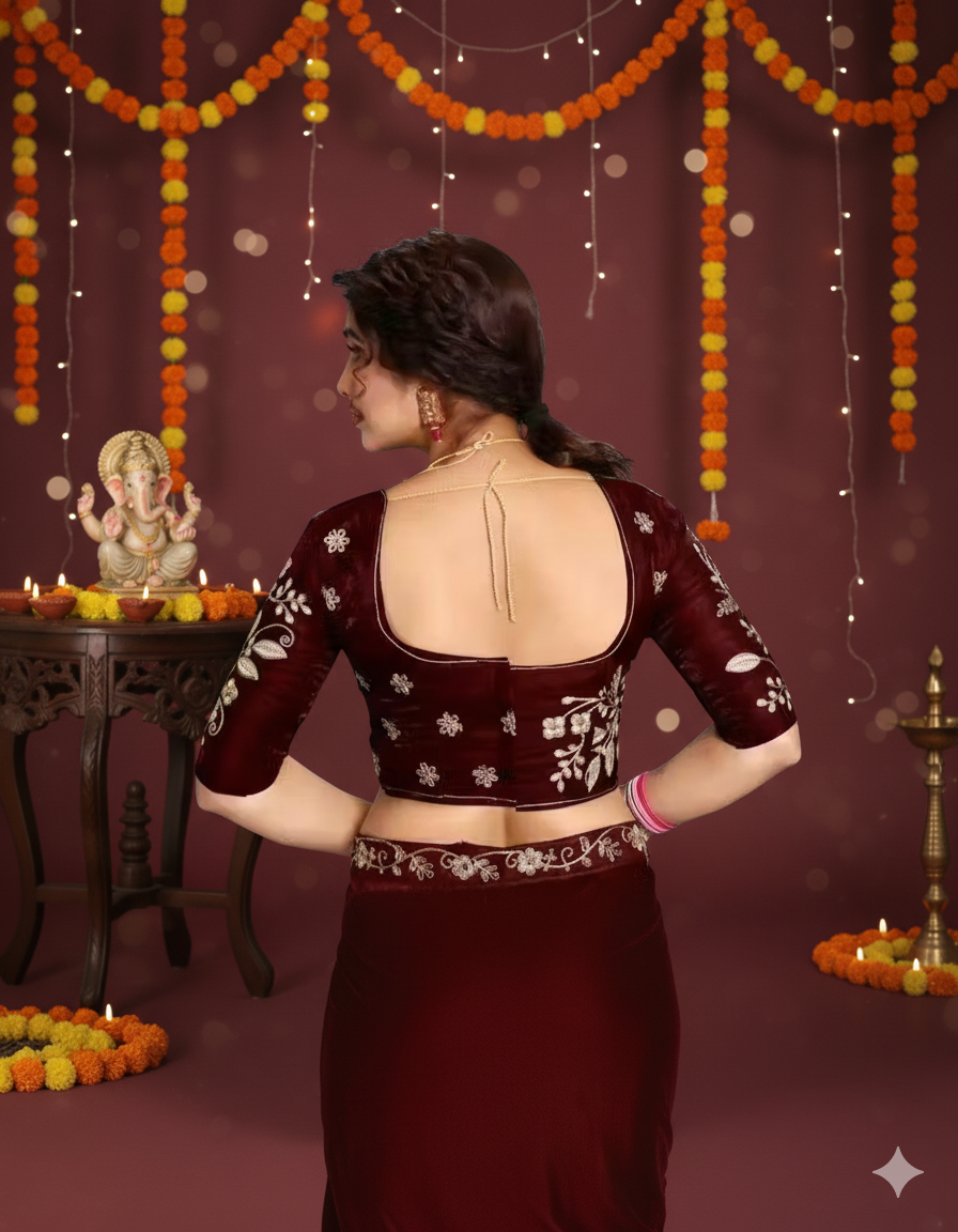 ✨ Velvet Embroidery Saree with Matching Blouse ✨