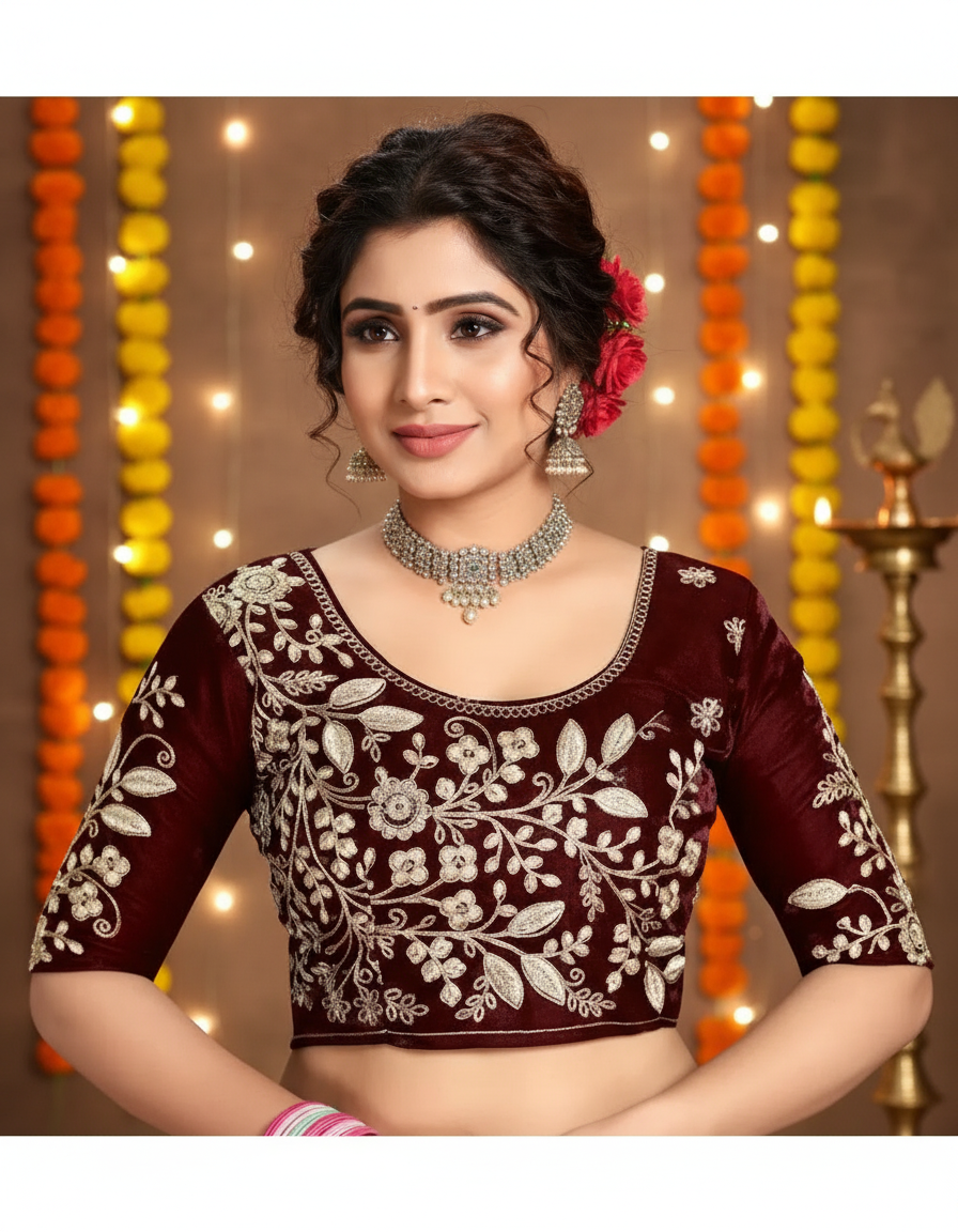 ✨ Velvet Embroidery Saree with Matching Blouse ✨