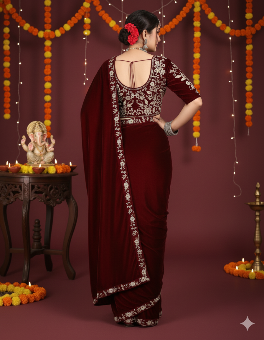 ✨ Velvet Embroidery Saree with Matching Blouse ✨