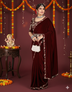 ✨ Velvet Embroidery Saree with Matching Blouse ✨