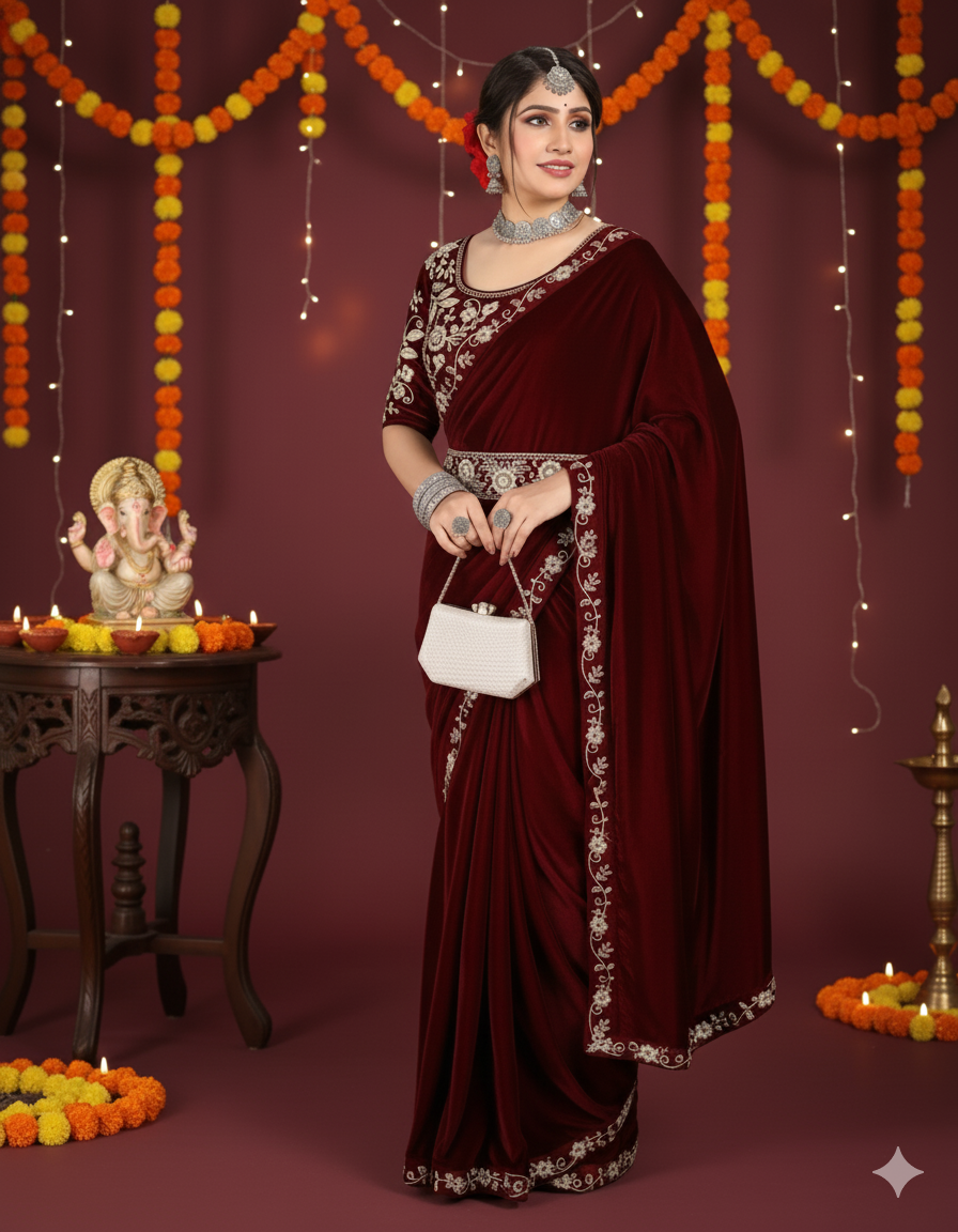 ✨ Velvet Embroidery Saree with Matching Blouse ✨