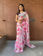 🌸 Floral Printed Chiffon Saree with Matching Blouse 🌸