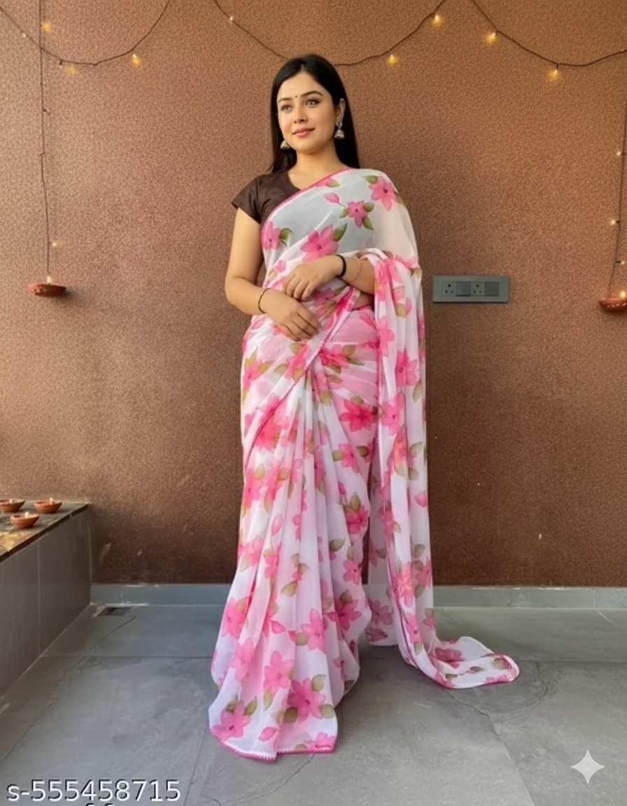 🌸 Floral Printed Chiffon Saree with Matching Blouse 🌸