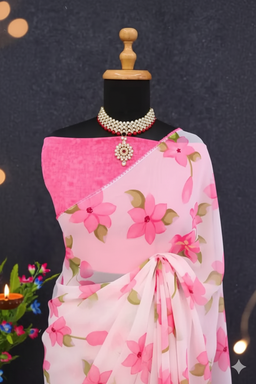 🌸 Floral Printed Chiffon Saree with Matching Blouse 🌸