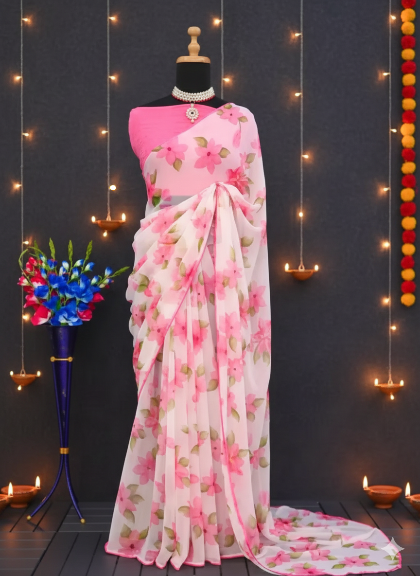 🌸 Floral Printed Chiffon Saree with Matching Blouse 🌸