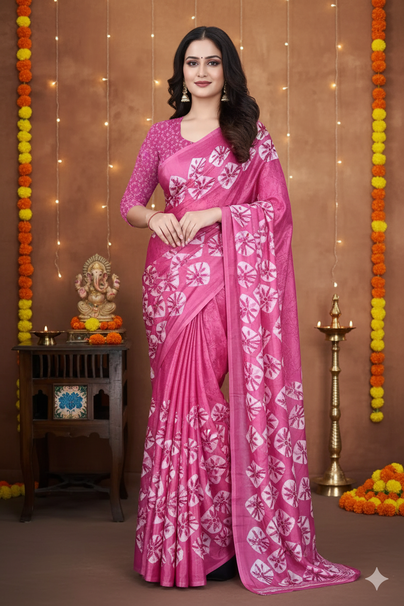 ✨ Soft Silk-Feel Chiffon Saree with Printed Blouse ✨