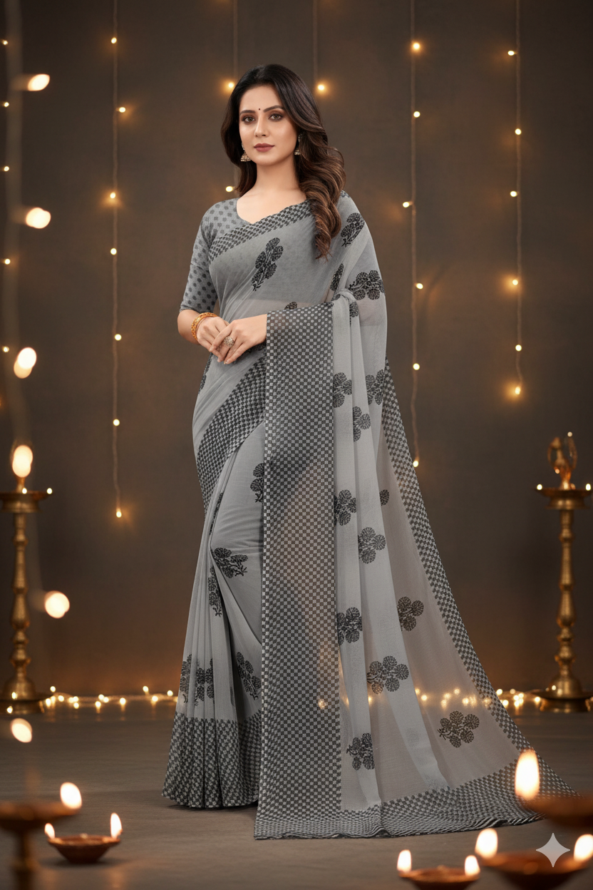✨ Grey Saree with Printed Blouse✨