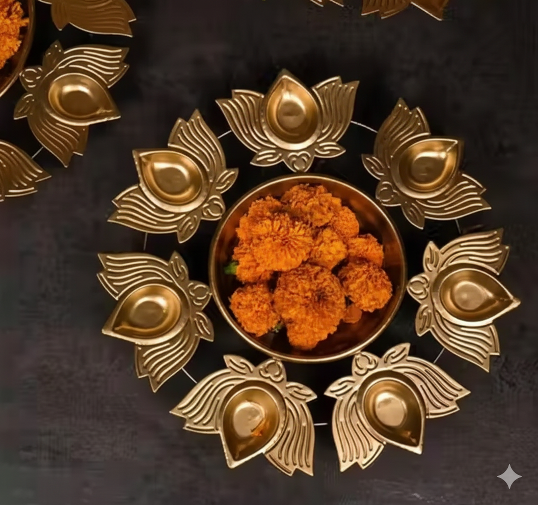 ✨ Golden Metal Urli Bowl with Diya Stand ✨