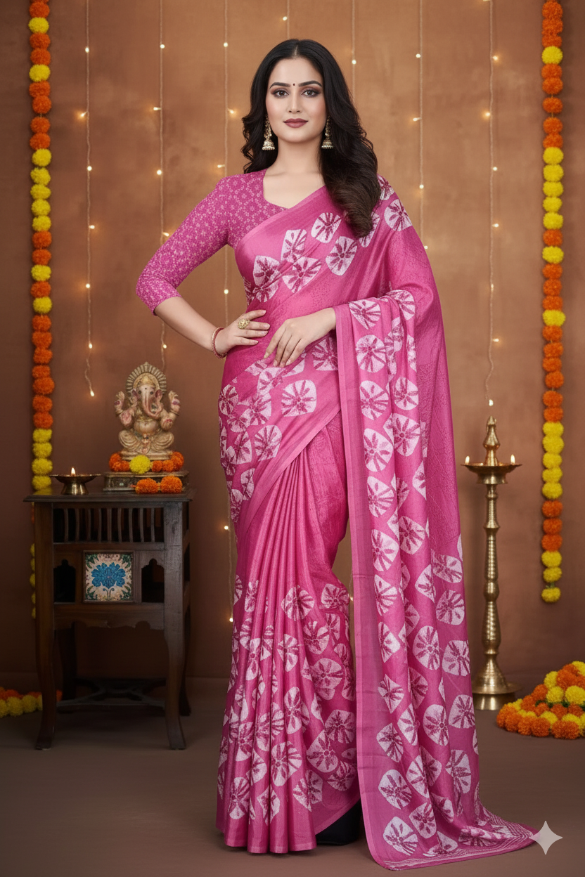 ✨ Soft Silk-Feel Chiffon Saree with Printed Blouse ✨