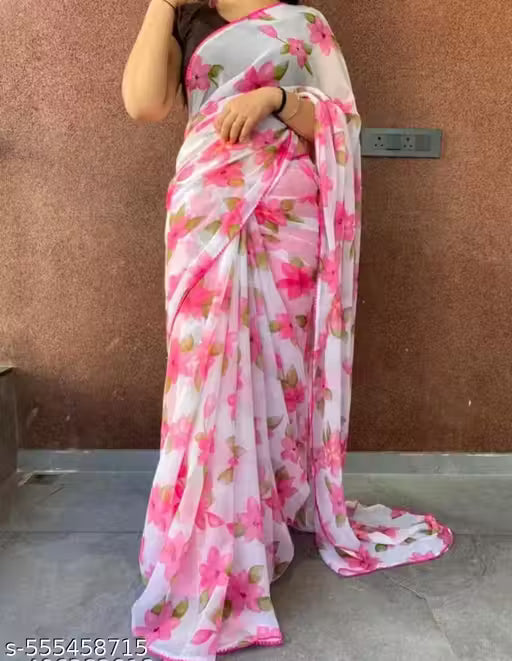 🌸 Floral Printed Chiffon Saree with Matching Blouse 🌸
