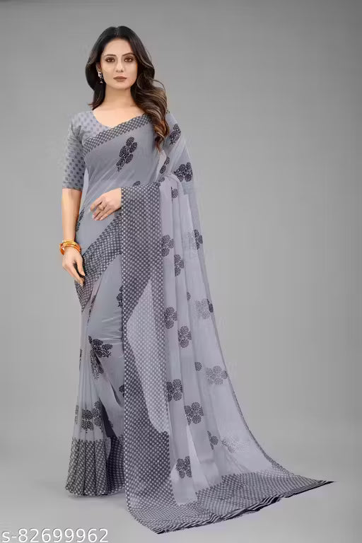 ✨ Grey Saree with Printed Blouse✨